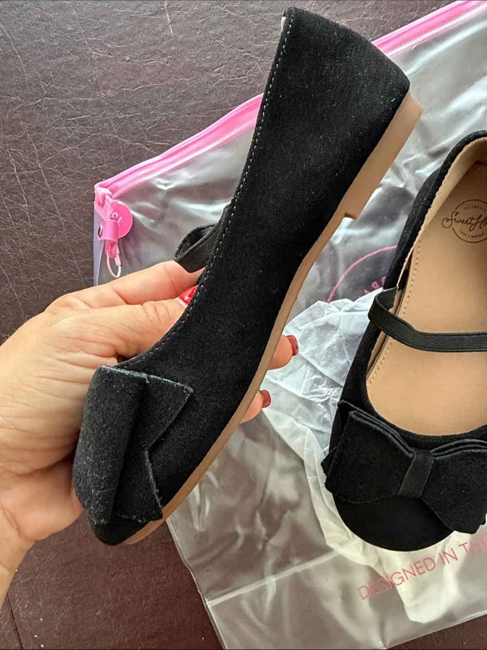 SweetHoney Black Suede Bow Ballet Flats Girls Size 13
